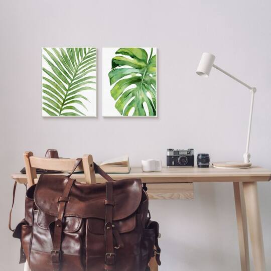 Stupell Industries Tropical Green Palms on Minimal White Background Gray Framed Wall Art